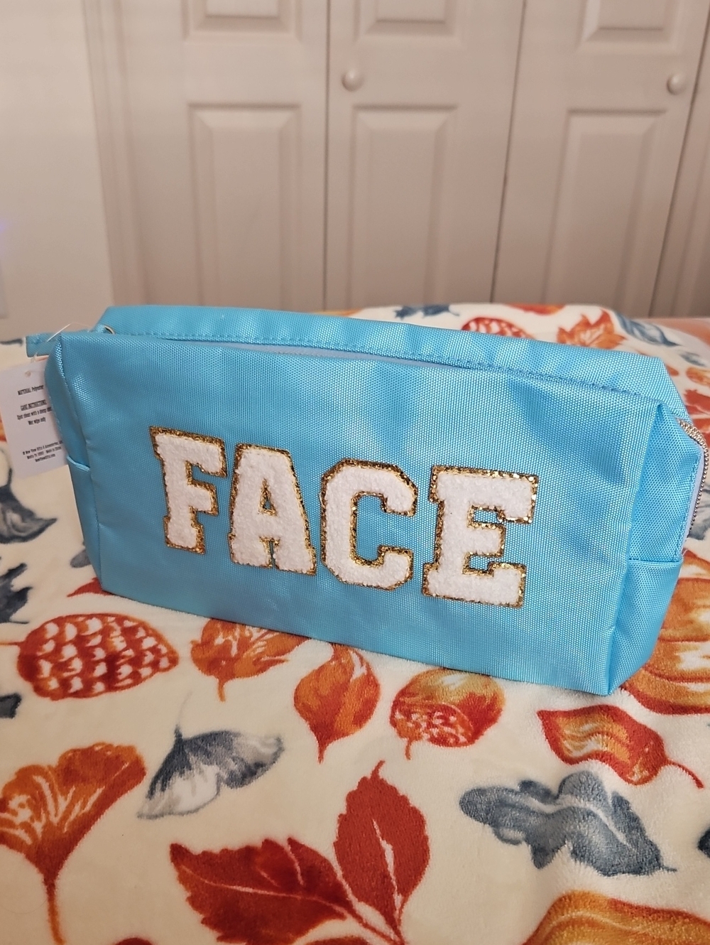 Makeup Bag Blue White FACE Gold Accents Zipper Shut NWT